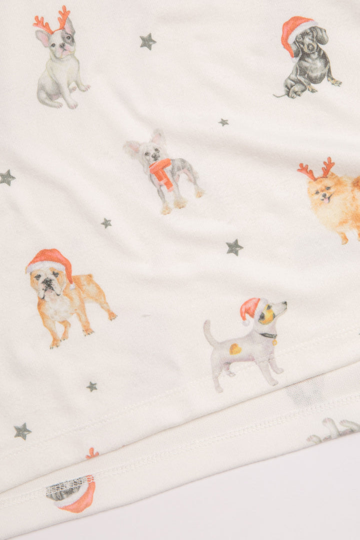 Festive dog-printed sleep set in butter jersey. Pullover top & banded pant with red waist ties. (7257680838756)