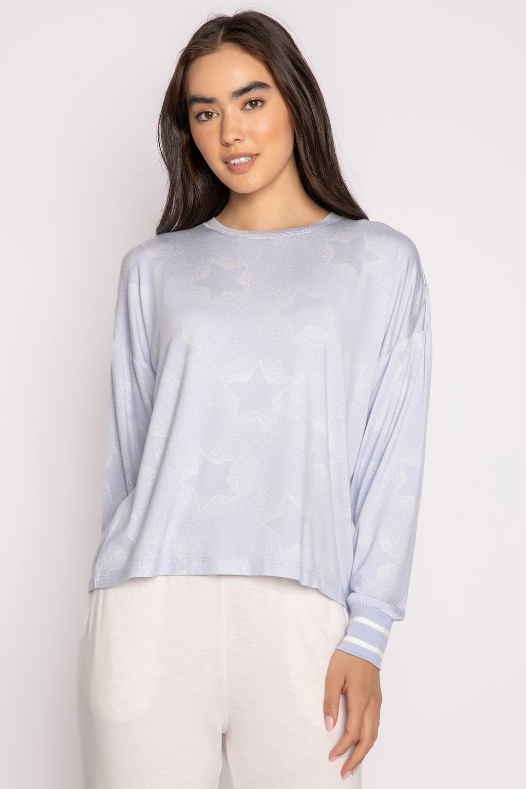 Luxe aloe-infused jersey pajama top in light blue with muted ivory star print. White striped cuffs. (7257680871524)