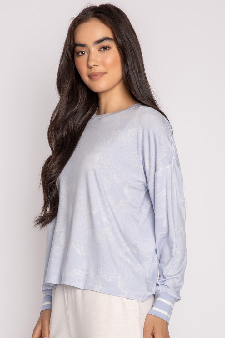 Luxe aloe-infused jersey pajama top in light blue with muted ivory star print. White striped cuffs. (7257680871524)