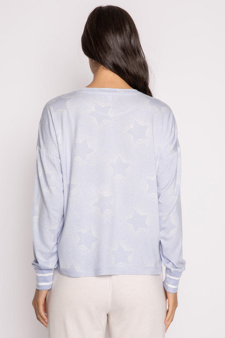 Luxe aloe-infused jersey pajama top in light blue with muted ivory star print. White striped cuffs. (7257680871524)