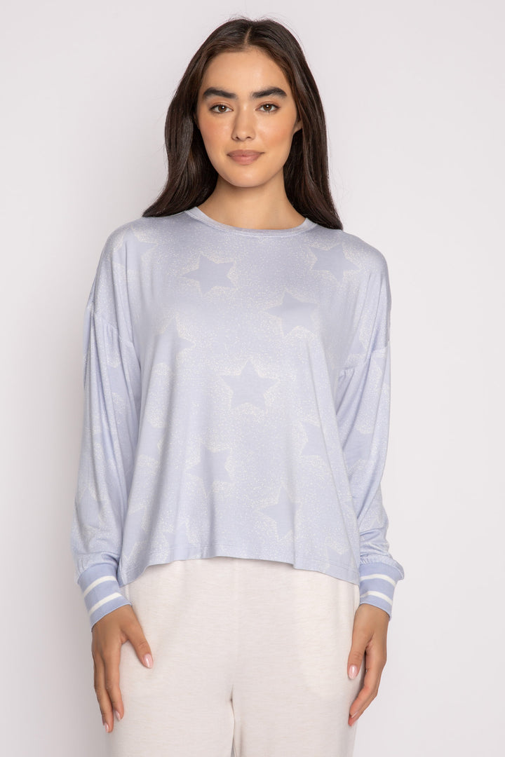 Luxe aloe-infused jersey pajama top in light blue with muted ivory star print. White striped cuffs. (7257680871524)
