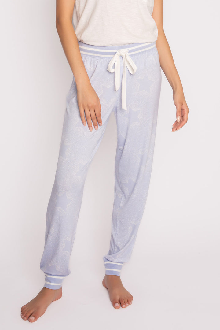 Luxe aloe-infused jersey pajama pant in light blue with muted ivory star print. White striped cuffs. (7257680904292)