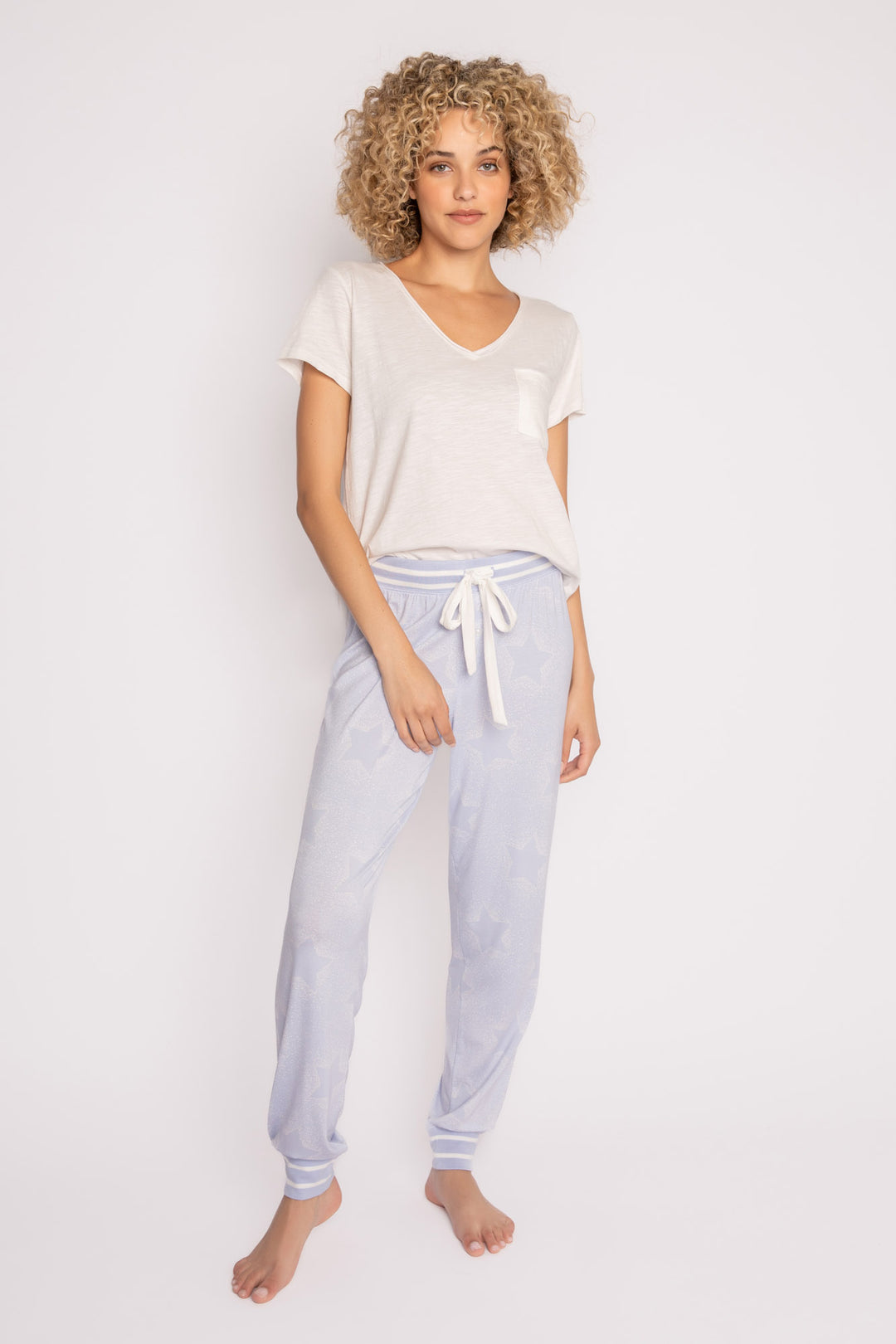 Luxe aloe-infused jersey pajama pant in light blue with muted ivory star print. White striped cuffs. (7257680904292)