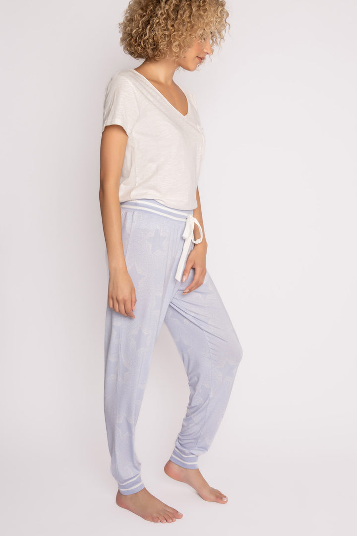 Luxe aloe-infused jersey pajama pant in light blue with muted ivory star print. White striped cuffs. (7257680904292)