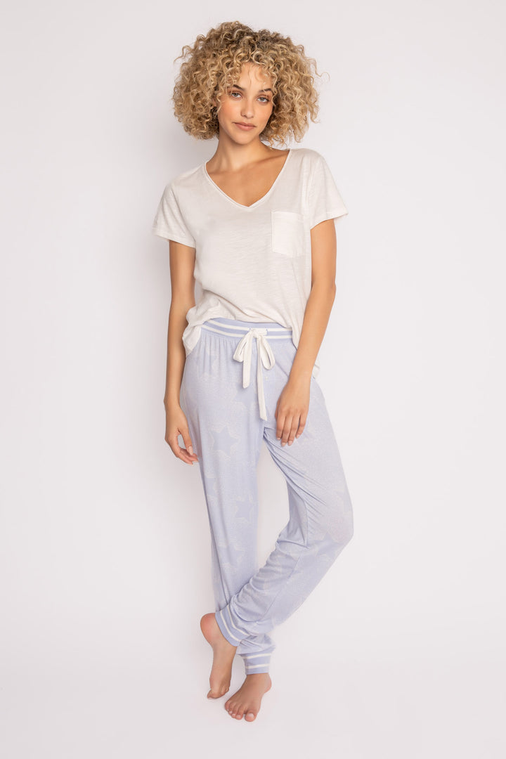 Luxe aloe-infused jersey pajama pant in light blue with muted ivory star print. White striped cuffs. (7257680904292)