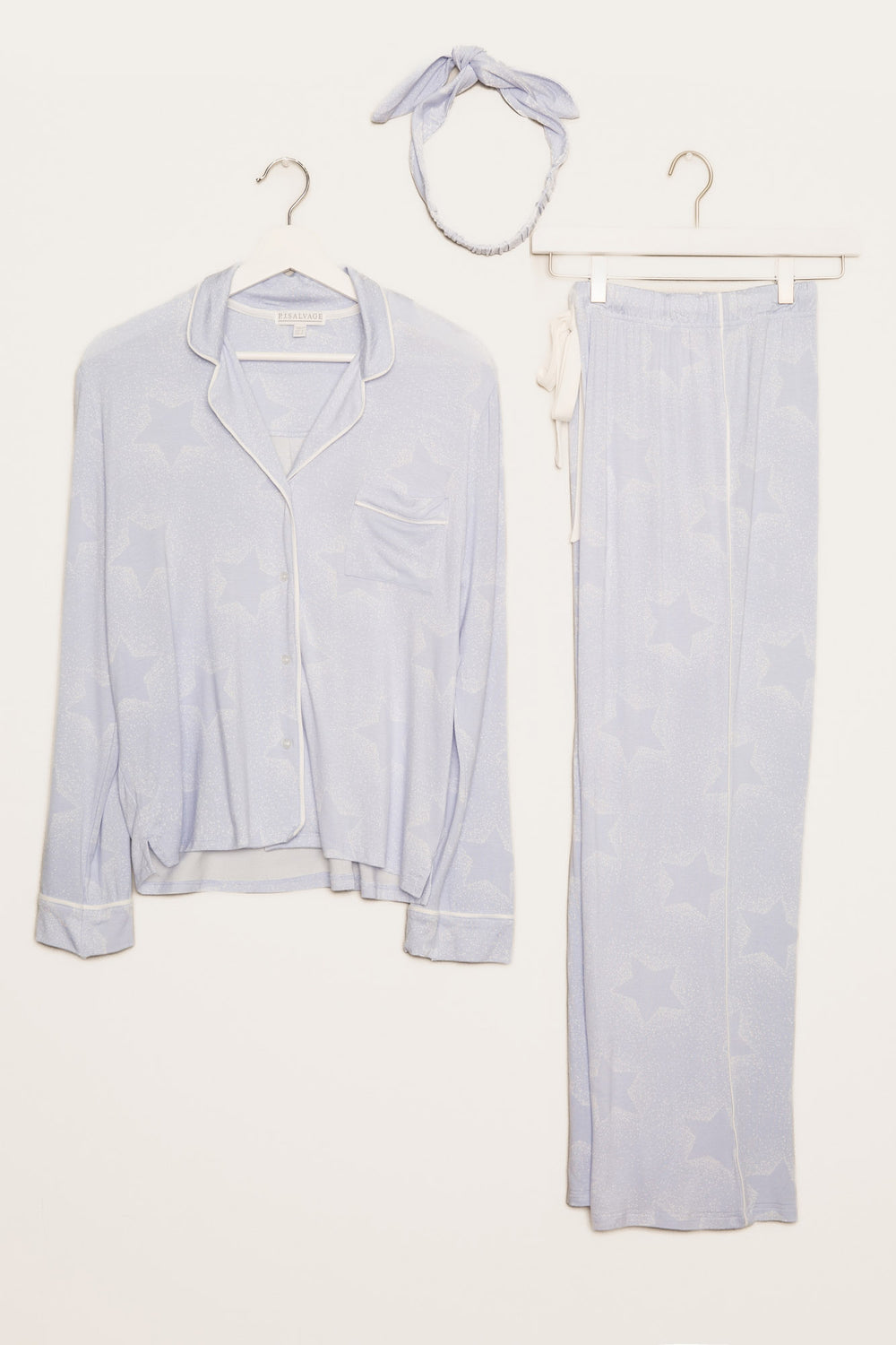 Luxe aloe-infused jersey pj set in blue-ivory star print. Button top & pant with piping & hair wrap. (7257680937060)