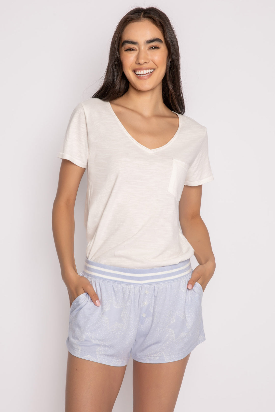 Luxe aloe-infused jersey pj short in light blue with muted ivory star print. Waist in white striped rib. (7257680969828)
