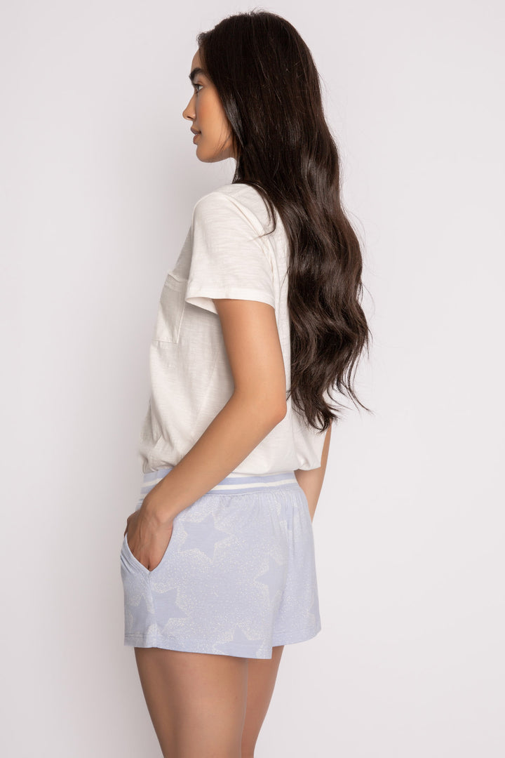 Luxe aloe-infused jersey pj short in light blue with muted ivory star print. Waist in white striped rib. (7257680969828)