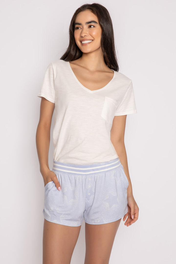 Luxe aloe-infused jersey pj short in light blue with muted ivory star print. Waist in white striped rib. (7257680969828)