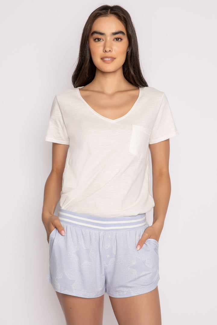 Luxe aloe-infused jersey pj short in light blue with muted ivory star print. Waist in white striped rib. (7257680969828)