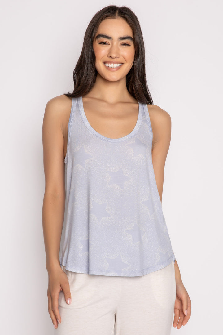 Luxe aloe-infused jersey sleep tank top in light blue with muted ivory star print. Rounded hem. (7257681002596)