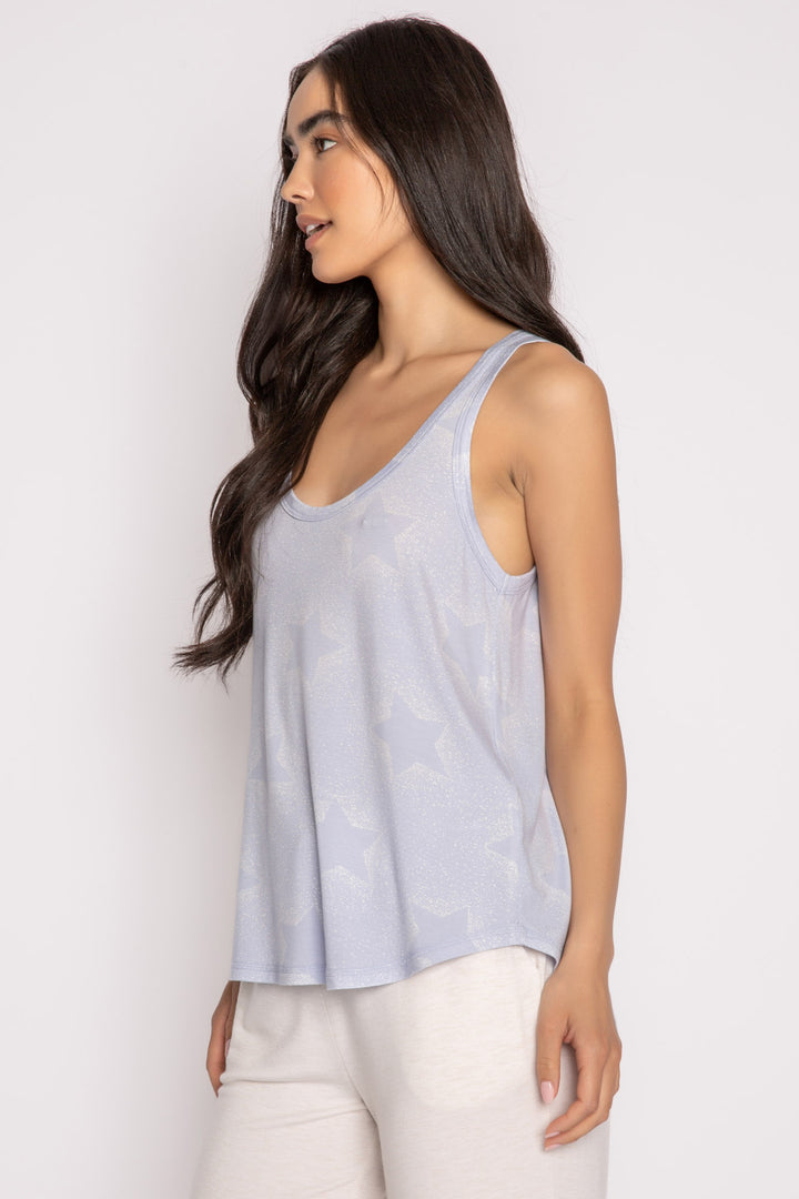 Luxe aloe-infused jersey sleep tank top in light blue with muted ivory star print. Rounded hem. (7257681002596)