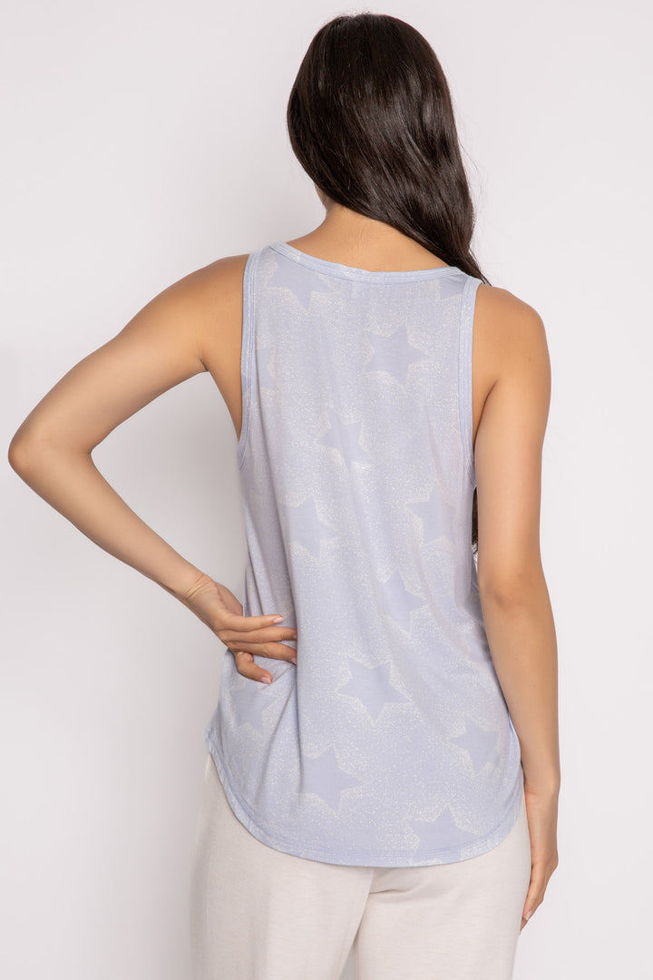 Luxe aloe-infused jersey sleep tank top in light blue with muted ivory star print. Rounded hem. (7257681002596)