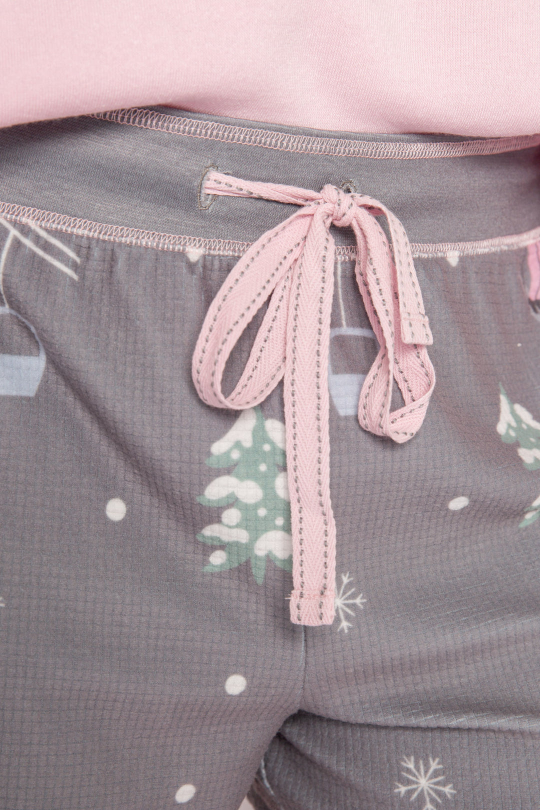 Grey velour thermal pajama short with alpine tree & skier print. Pink contrast tie-waist. (7257681133668)