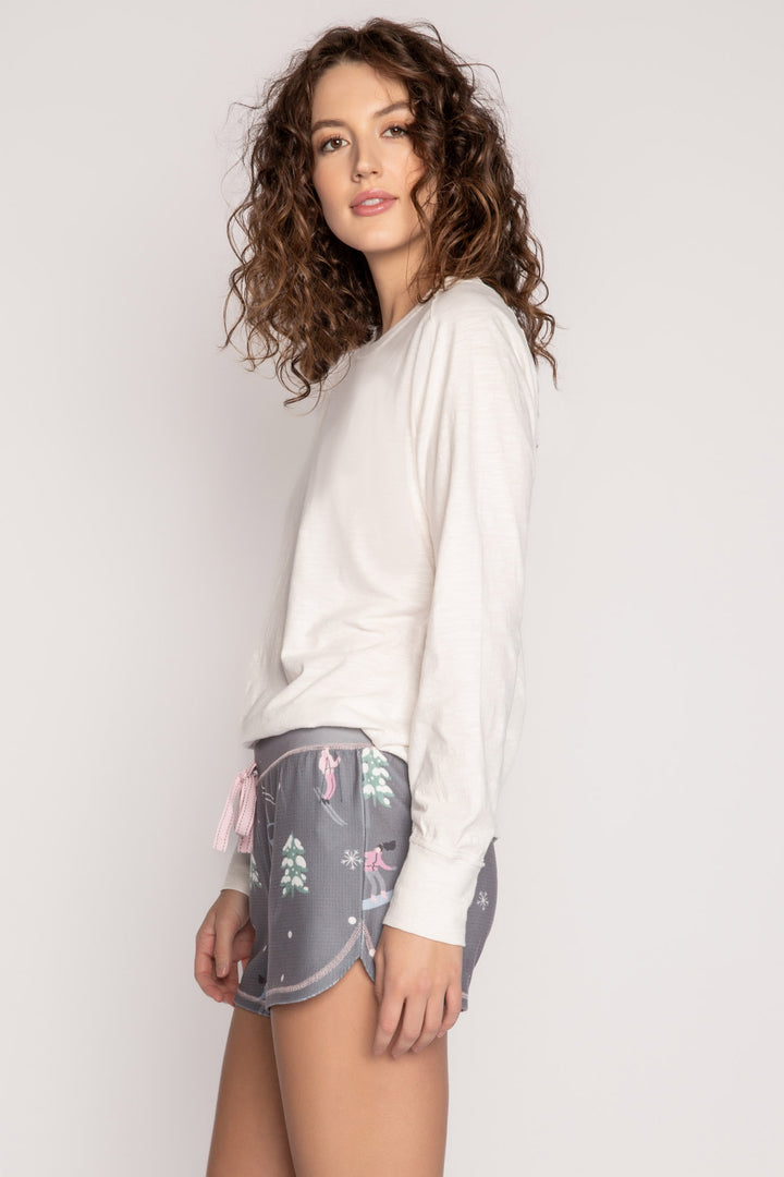 Grey velour thermal pajama short with alpine tree & skier print. Pink contrast tie-waist. (7257681133668)