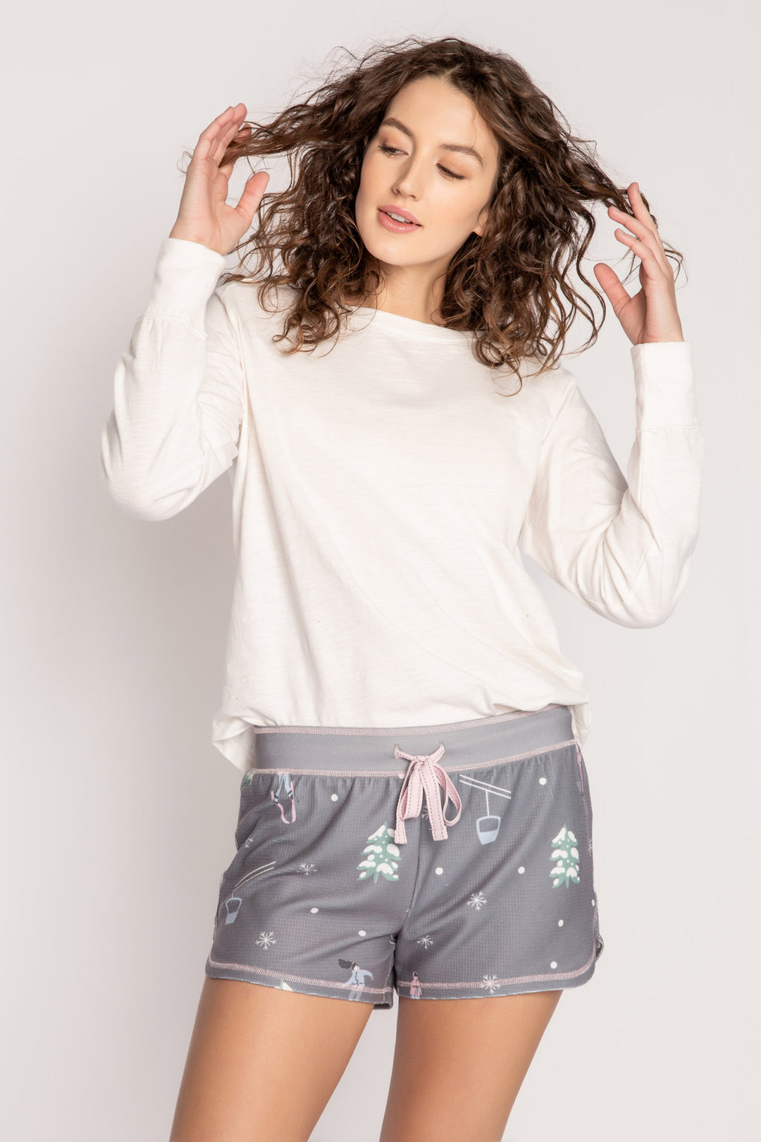 Grey velour thermal pajama short with alpine tree & skier print. Pink contrast tie-waist. (7257681133668)