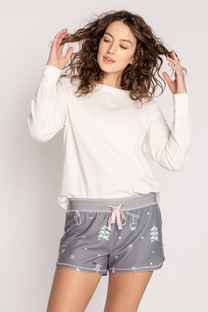 Grey velour thermal pajama short with alpine tree & skier print. Pink contrast tie-waist. (7257681133668)