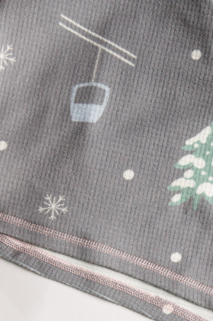 Grey velour thermal pajama short with alpine tree & skier print. Pink contrast tie-waist. (7257681133668)