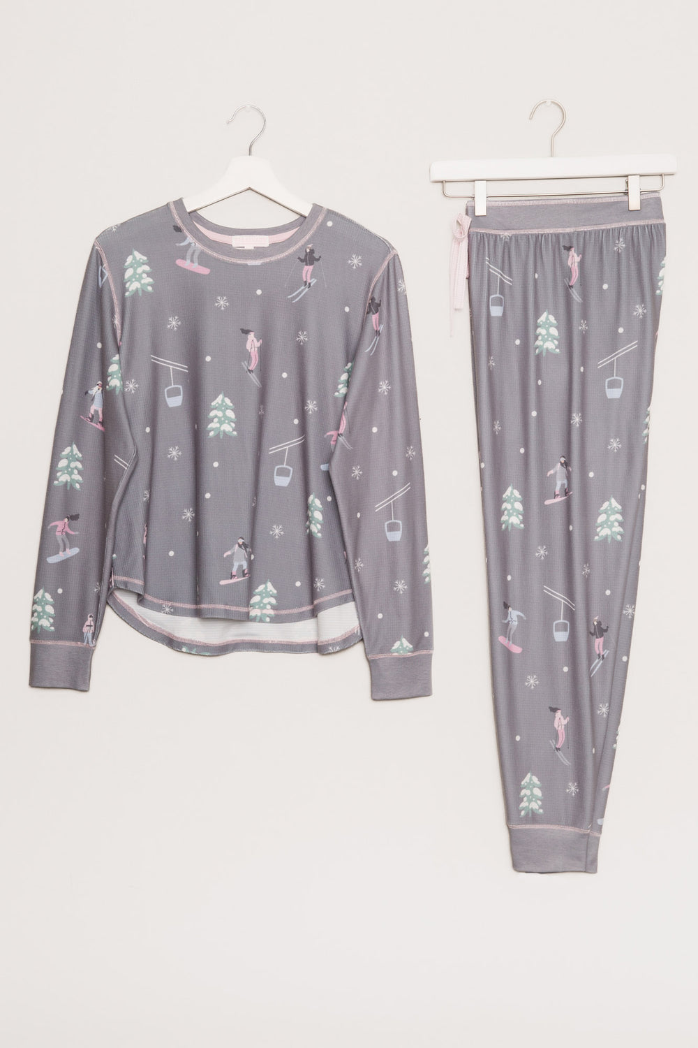 Grey velour thermal pj set with alpine tree & skier print. Pant has pink contrast tie-waist. (7257681166436)