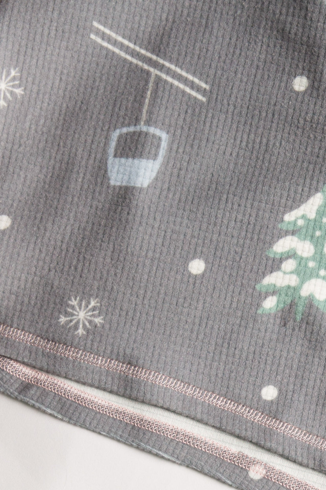 Grey velour thermal pj set with alpine tree & skier print. Pant has pink contrast tie-waist. (7257681166436)