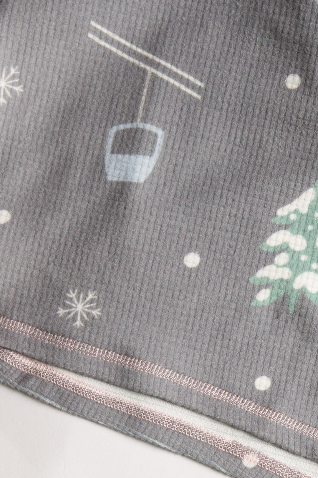 Grey velour thermal pj set with alpine tree & skier print. Pant has pink contrast tie-waist. (7257681166436)
