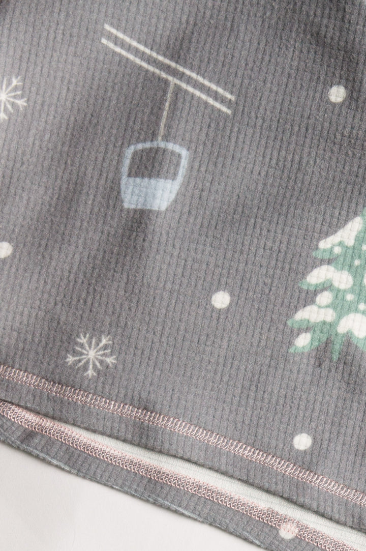Grey velour thermal pj set with alpine tree & skier print. Pant has pink contrast tie-waist. (7257681166436)