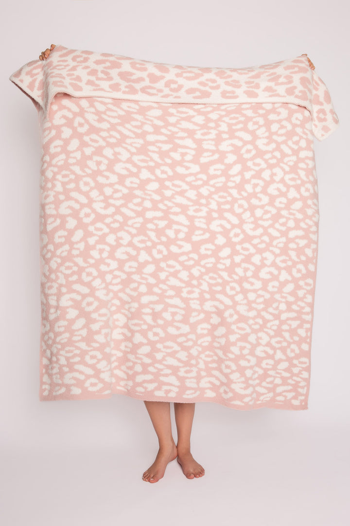 Reversible pink-ivory leopard-printed marshmallow blanket Personal size 50" x 65" with carry-strap. (7257681231972)
