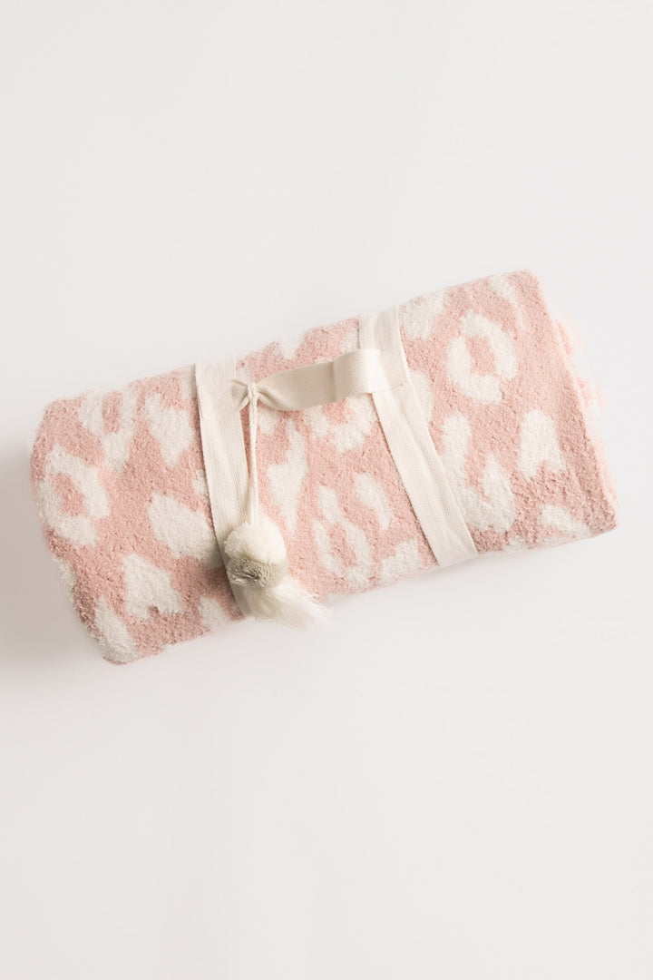 Reversible pink-ivory leopard-printed marshmallow blanket Personal size 50" x 65" with carry-strap. (7257681231972)
