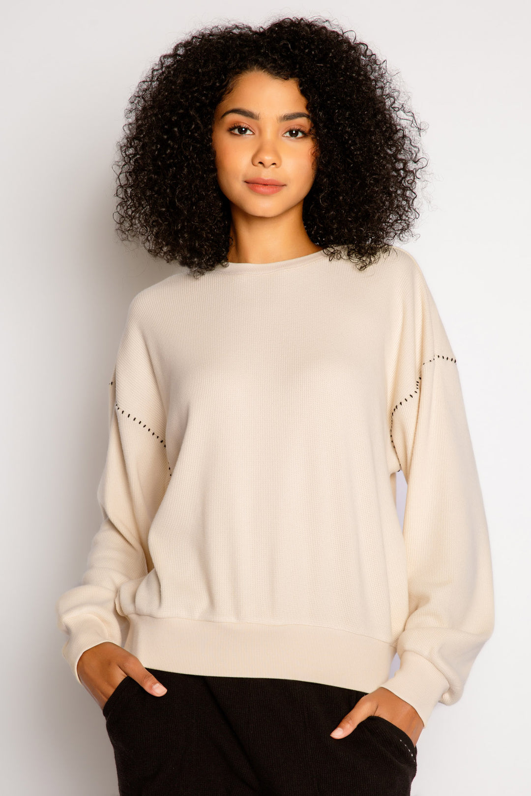 Ivory soft waffle textured lounge top. Made with organic cotton. Stitching accent on sleeves. (7325665198180)