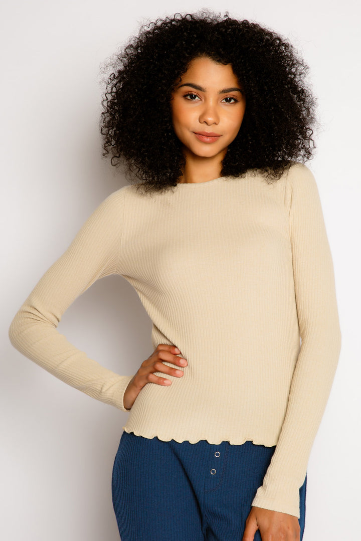 Tan fitted long sleeve rib top in Repreve x Reloved recycled soft knit with merrow stitched hem. (7325665460324)