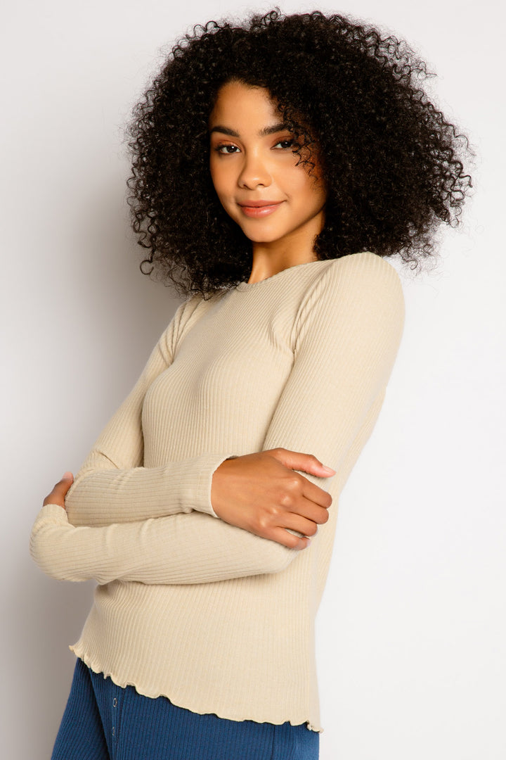 Tan fitted long sleeve rib top in Repreve x Reloved recycled soft knit with merrow stitched hem. (7325665460324)