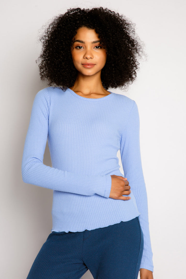 Periwinkle fitted long sleeve rib top in Repreve x Reloved recycled soft knit with merrow stitched hem. (7325665427556)