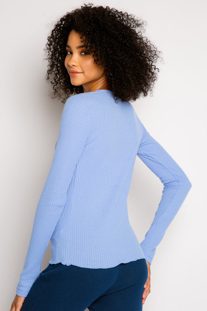 Periwinkle fitted long sleeve rib top in Repreve x Reloved recycled soft knit with merrow stitched hem. (7325665427556)