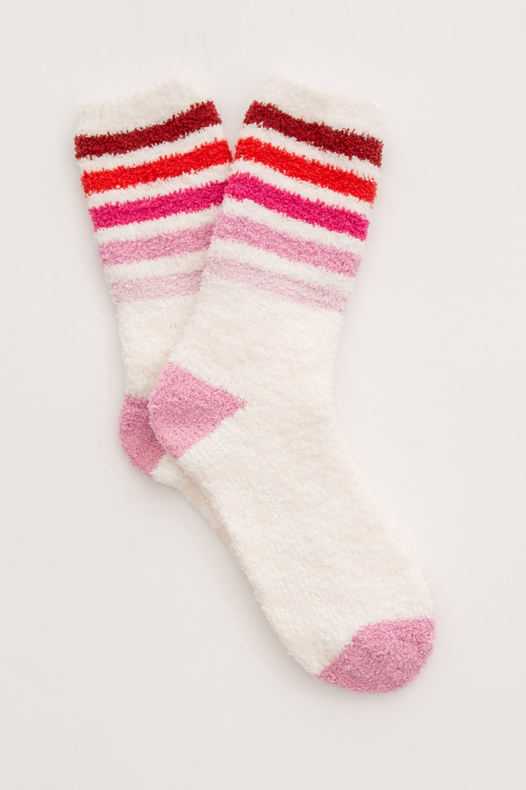 Ivory plush cozy socks with red-pink multi stripes on ankle. Gripper-printed on soles for non-skid. (7325666017380)