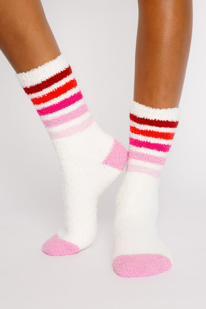 Ivory plush cozy socks with red-pink multi stripes on ankle. Gripper-printed on soles for non-skid. (7325666017380)