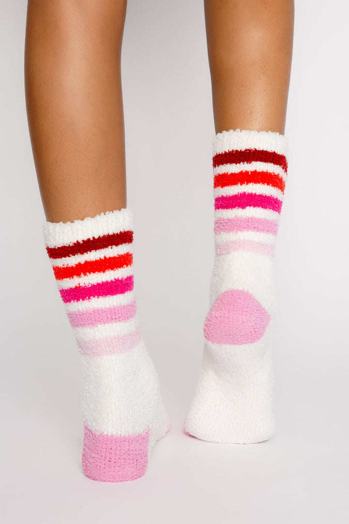 Ivory plush cozy socks with red-pink multi stripes on ankle. Gripper-printed on soles for non-skid. (7325666017380)