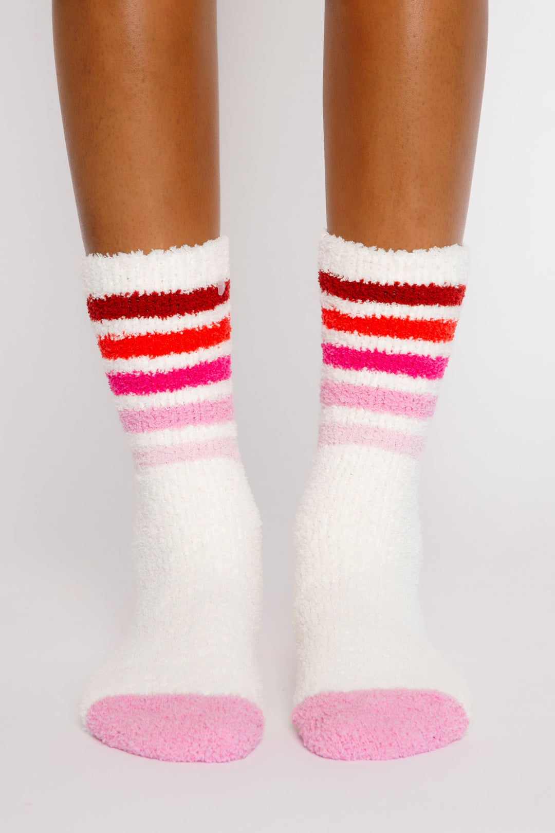 Ivory plush cozy socks with red-pink multi stripes on ankle. Gripper-printed on soles for non-skid. (7325666017380)
