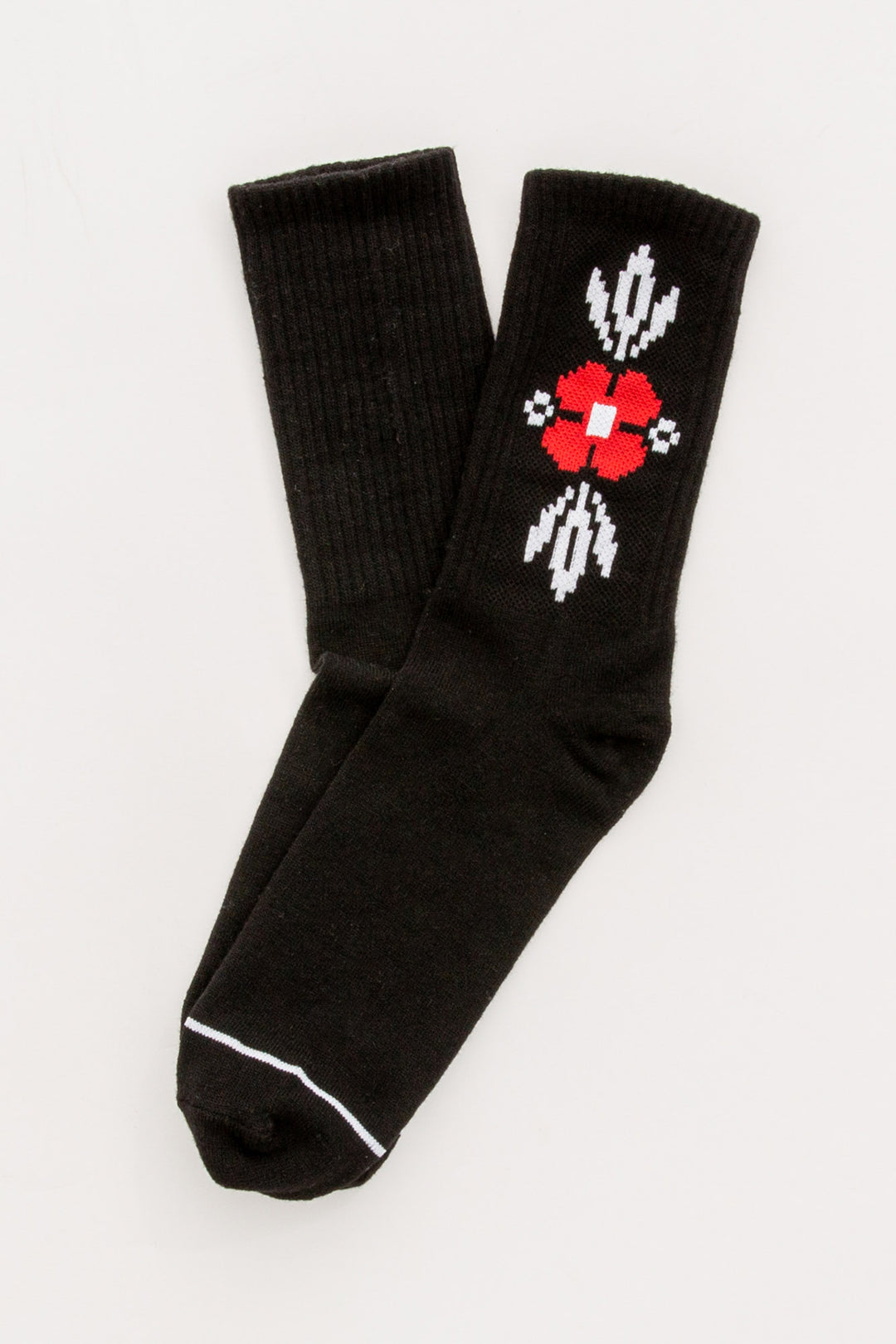 Black ribbed cozy socks with floral embroidery on sides. Gripper print on soles for non-skid. (7325666115684)