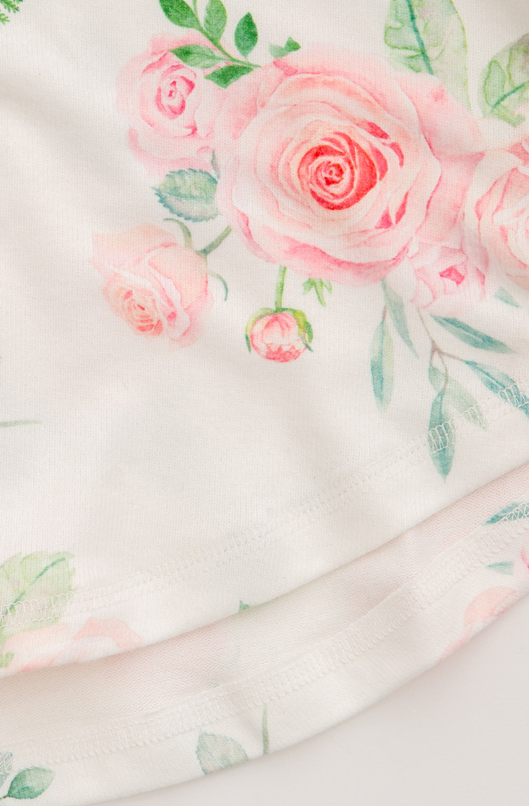 Sleep short in ivory-pink rose-floral printed peachy knit. Comfy tie-waist. (7325666345060)