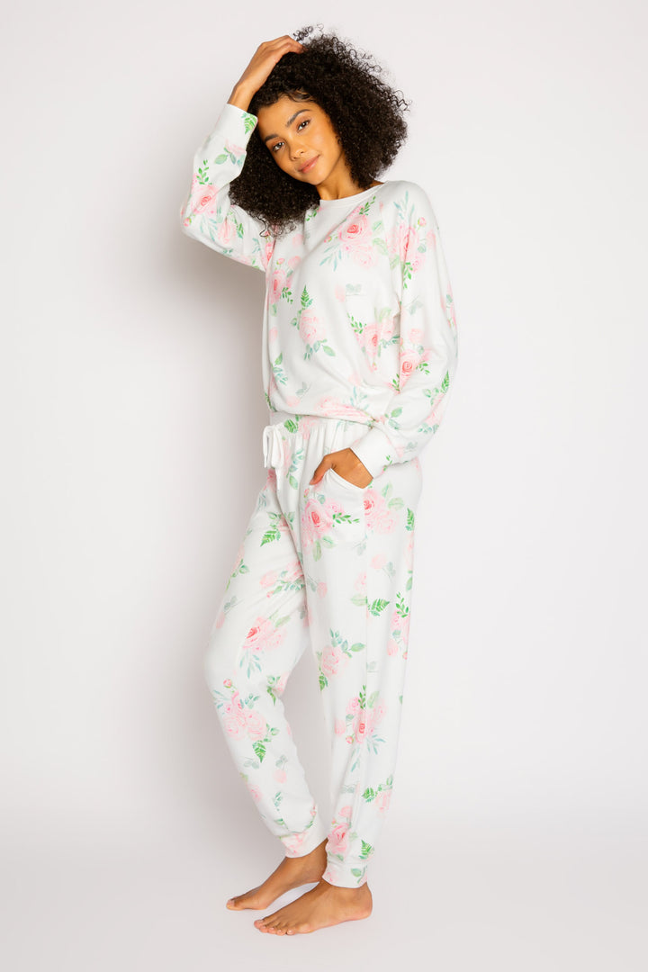 Pajama set in ivory-pink rose-floral printed peachy knit. Pajama top & jogger with pockets & tie-waist. (7325666377828)