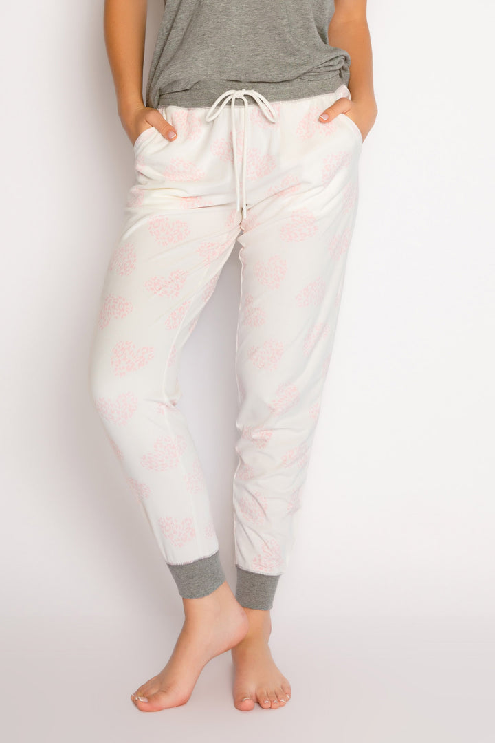 Ivory jammie pant with pink leopard-heart print. Contrast grey cuff & waistband. Pant has side pockets. (7325666639972)