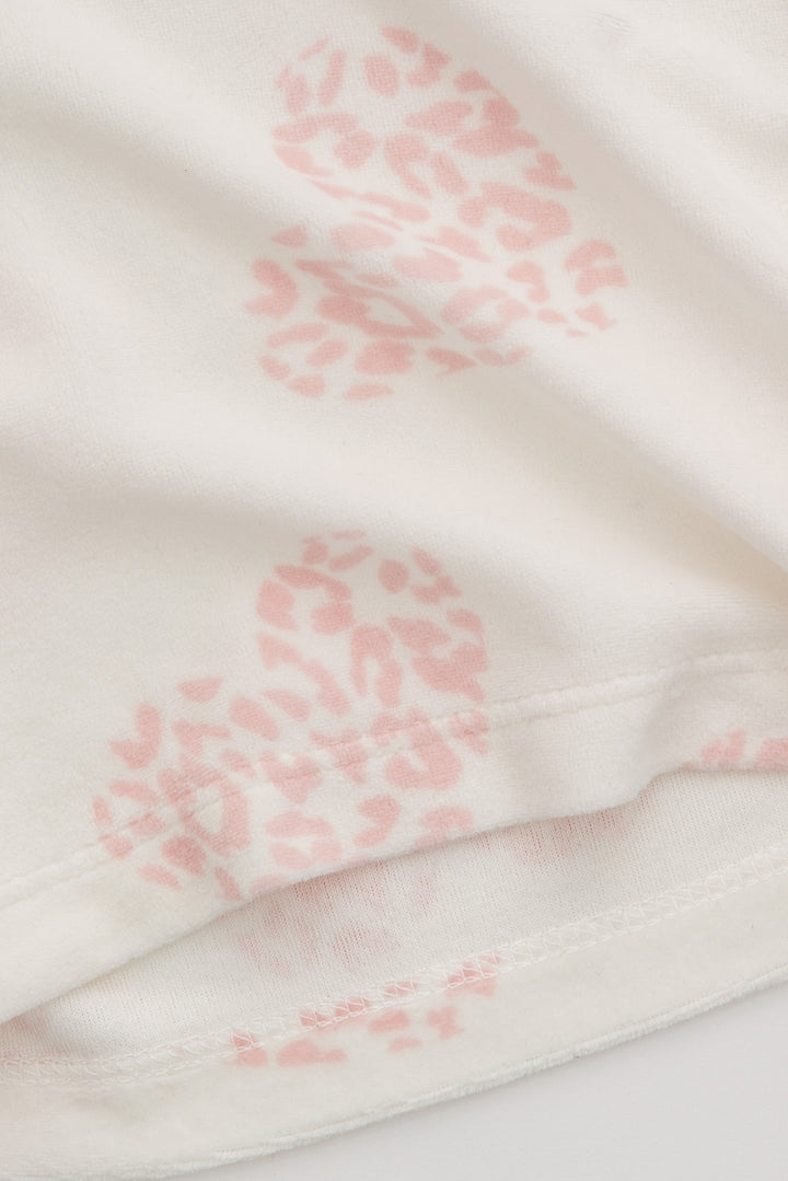 Ivory sleep short with pink leopard-heart print. Contrast grey waistband. Tie waistband. (7325666803812)