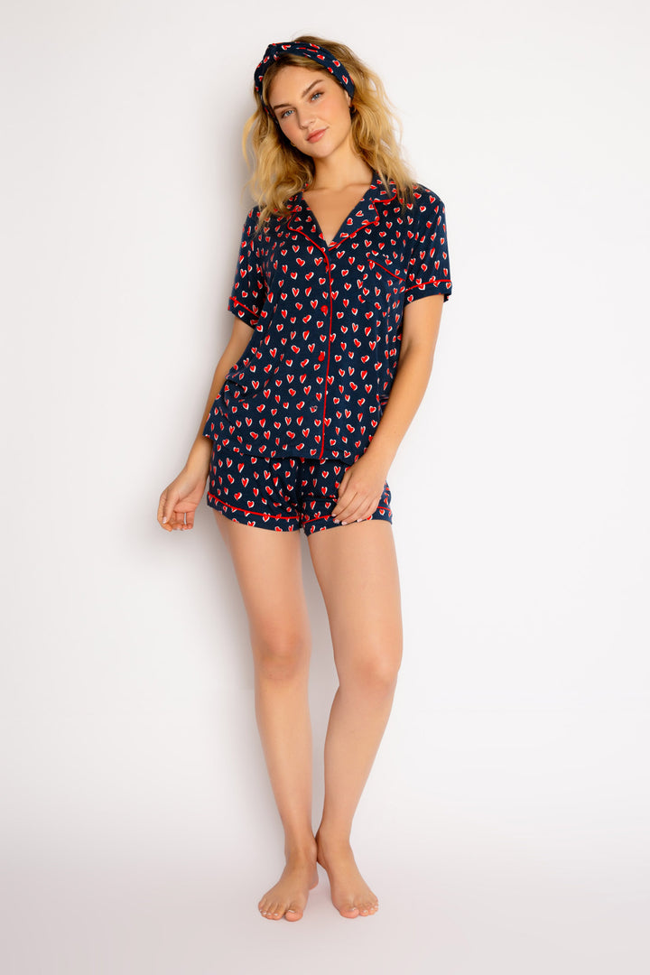Navy blue heart-printed pajama short set. Short sleeve button top & red tie-waist short. With hair wrap. (7325667098724)