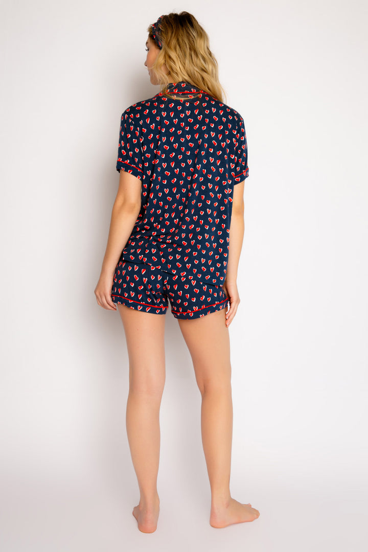 Navy blue heart-printed pajama short set. Short sleeve button top & red tie-waist short. With hair wrap. (7325667098724)