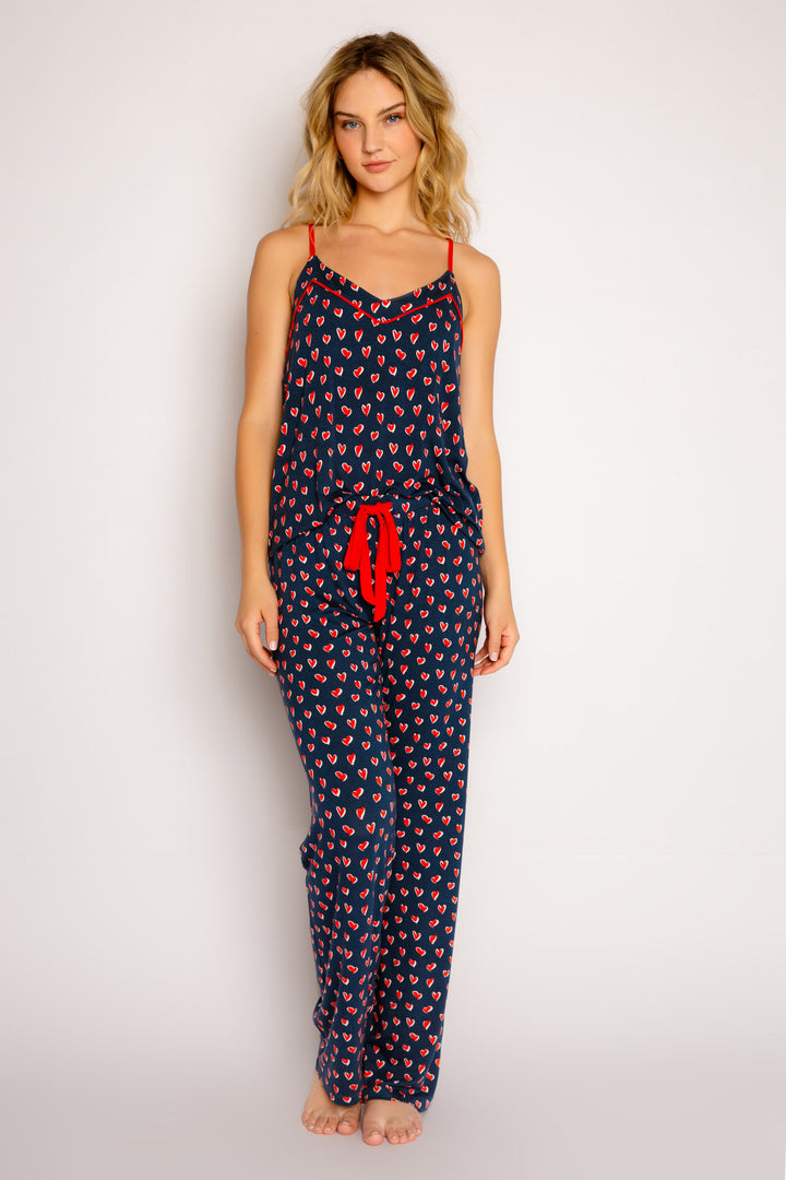 Navy blue heart-printed sleep set camisole & pj pant in modal with aloe-cooling finish. Red contrast ties. (7325667164260)