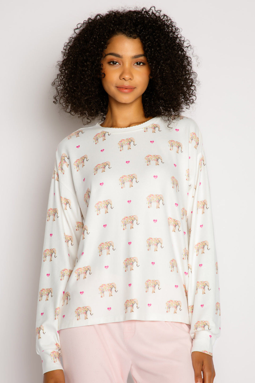 Ivory elephant-print long sleeve pj top. Neckline has picot trim finish. (7325667229796)
