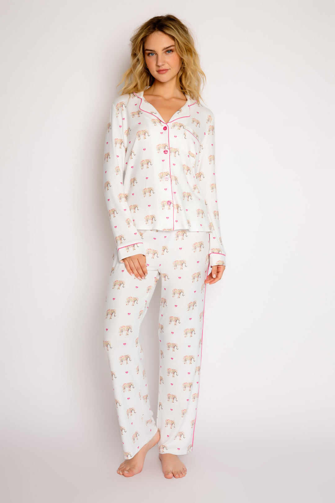 Ivory elephant-print pajama set top with button-front & tie-waist pajama pant. Hot pink piping. (7325667295332)