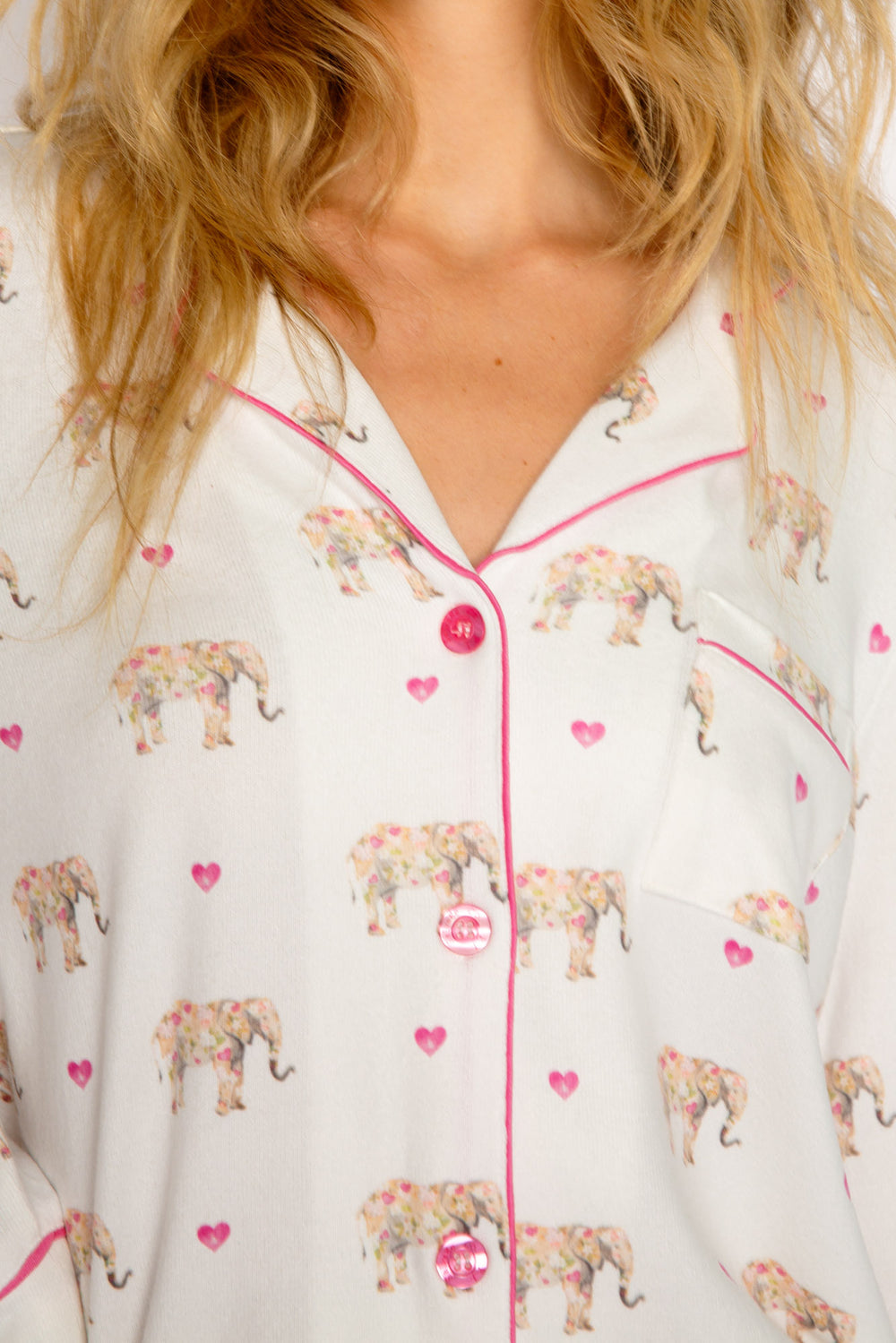Ivory elephant-print pajama set top with button-front & tie-waist pajama pant. Hot pink piping. (7325667295332)