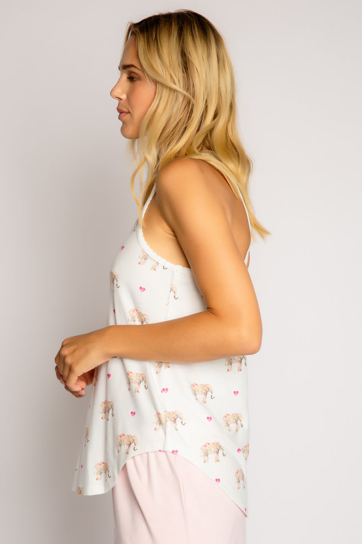 Ivory elephant-print sleep tank top. Neckline has picot trim. Relaxed fit. (7325667360868)