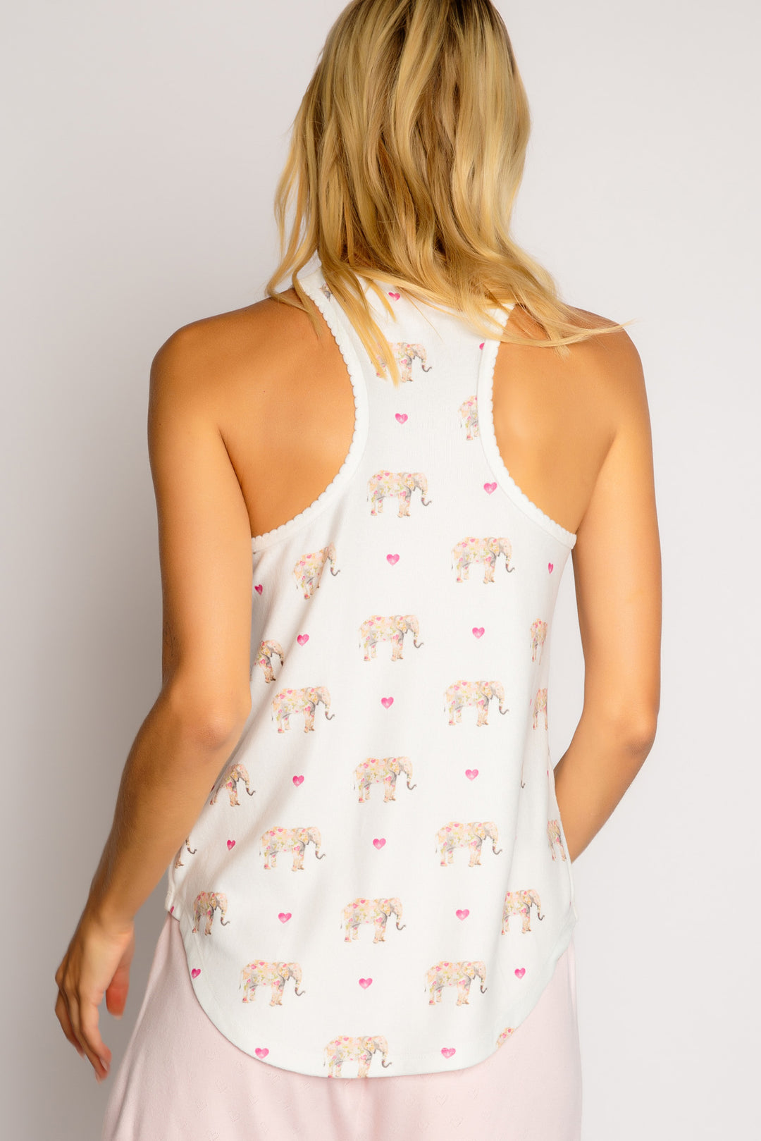 Ivory elephant-print sleep tank top. Neckline has picot trim. Relaxed fit. (7325667360868)